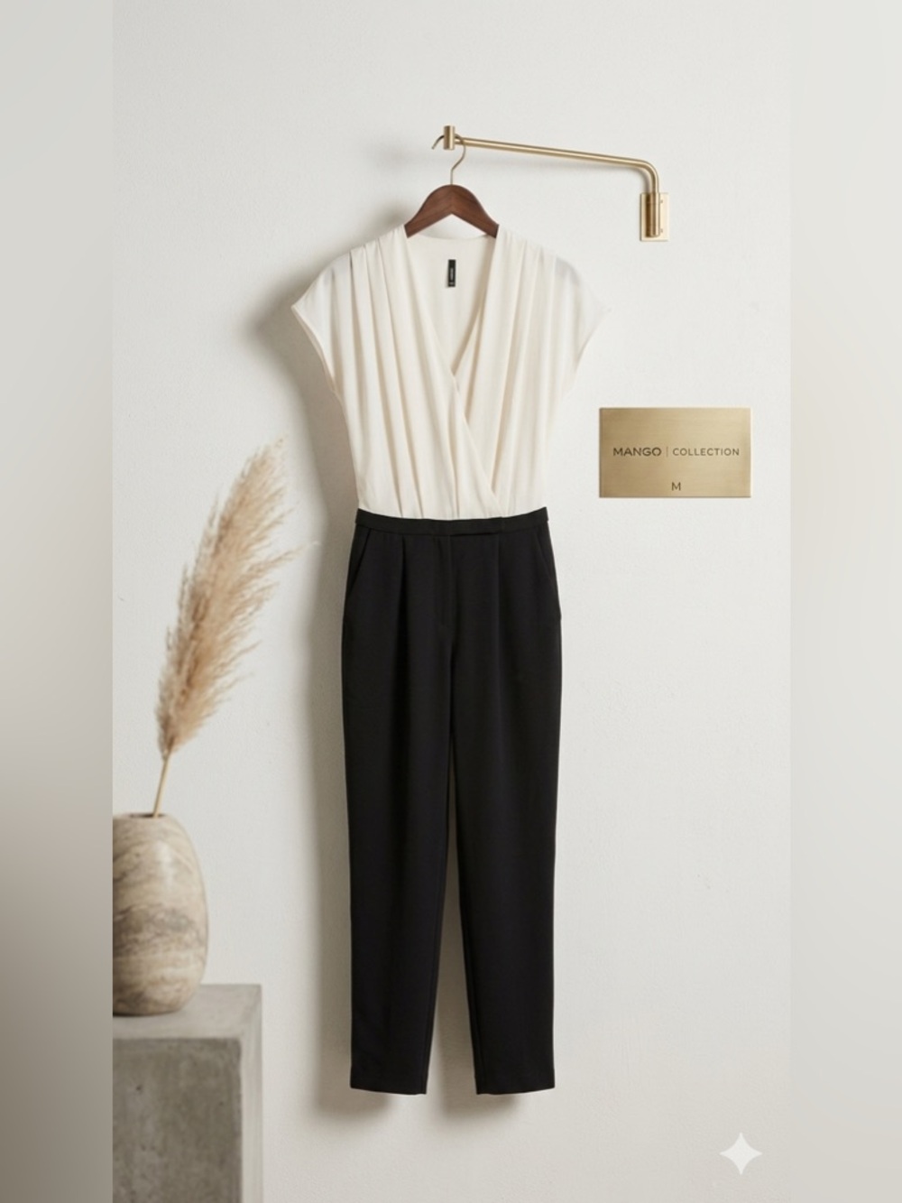 Mango Cream & Black Sleeveless Wrap-Front Jumpsuit